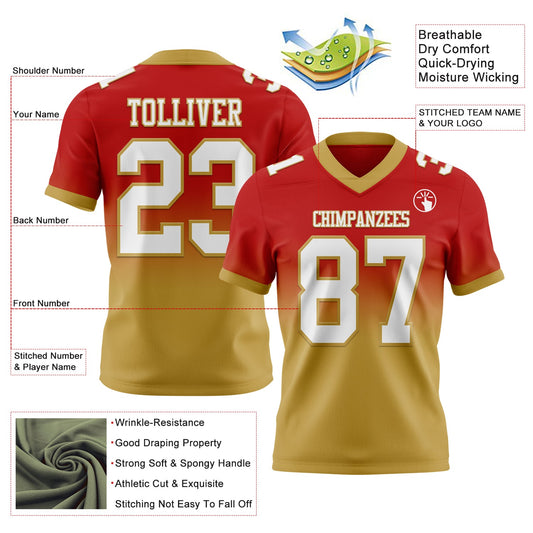 Custom Red White-Old Gold Mesh Authentic Fade Fashion Football Jersey