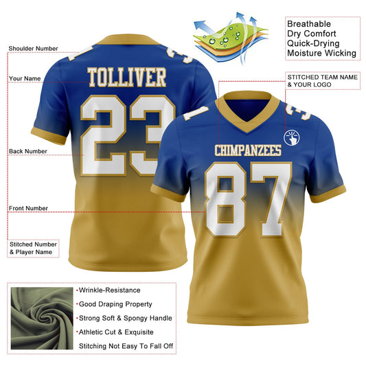 Custom Royal White-Old Gold Mesh Authentic Fade Fashion Football Jersey