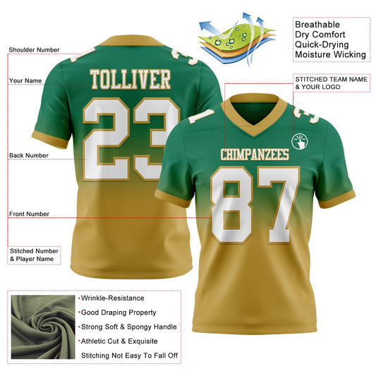 Custom Kelly Green White-Old Gold Mesh Authentic Fade Fashion Football Jersey