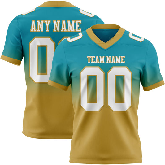 Custom Teal White-Old Gold Mesh Authentic Fade Fashion Football Jersey