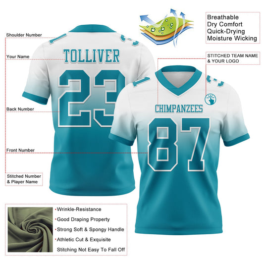 Custom White Teal Mesh Authentic Fade Fashion Football Jersey