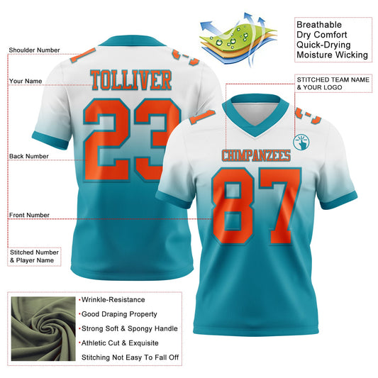 Custom White Orange-Teal Mesh Authentic Fade Fashion Football Jersey