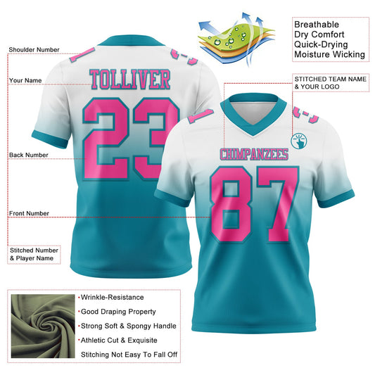 Custom White Pink-Teal Mesh Authentic Fade Fashion Football Jersey