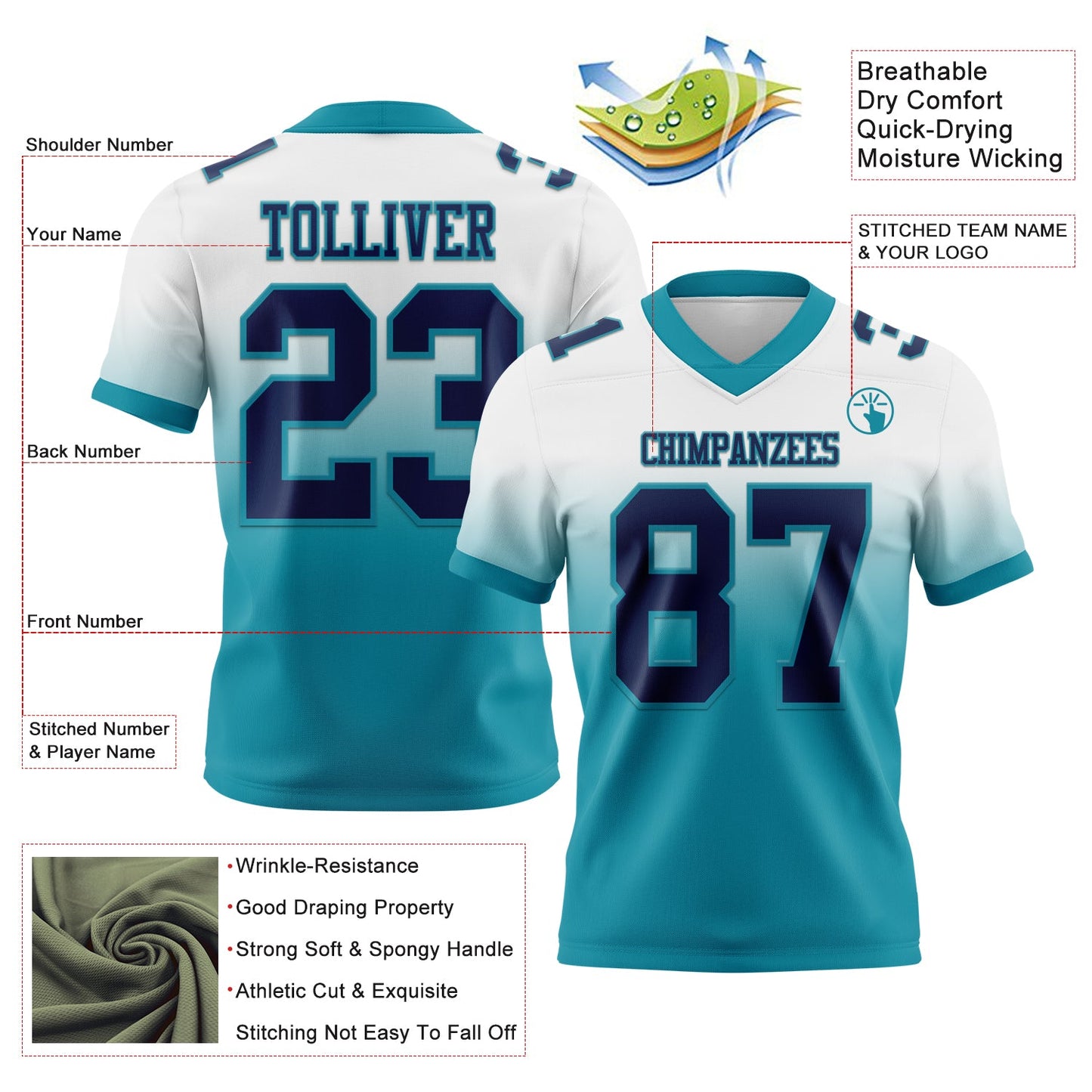Custom White Navy-Teal Mesh Authentic Fade Fashion Football Jersey