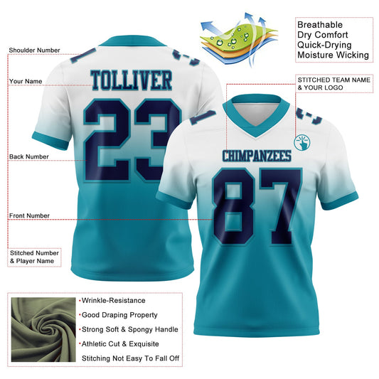 Custom White Navy-Teal Mesh Authentic Fade Fashion Football Jersey