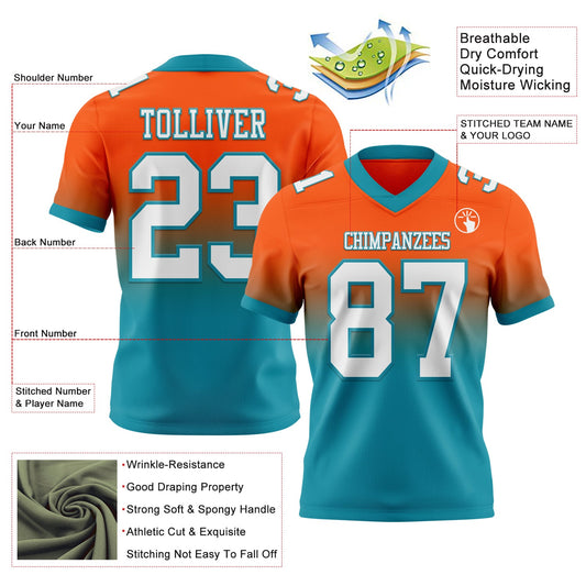 Custom Orange White-Teal Mesh Authentic Fade Fashion Football Jersey