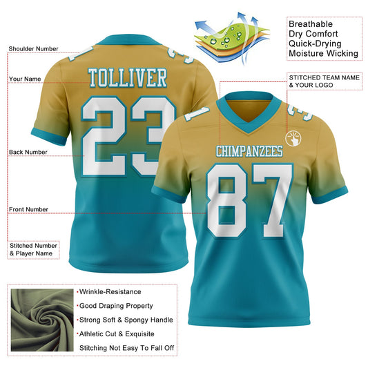 Custom Old Gold White-Teal Mesh Authentic Fade Fashion Football Jersey