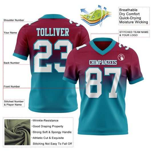 Custom Maroon White-Teal Mesh Authentic Fade Fashion Football Jersey