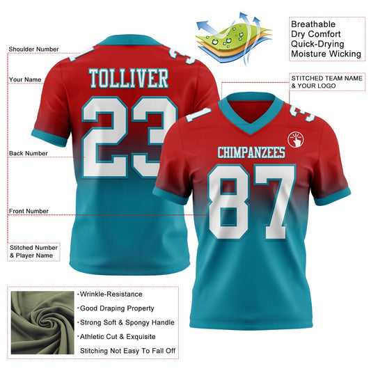 Custom Red White-Teal Mesh Authentic Fade Fashion Football Jersey