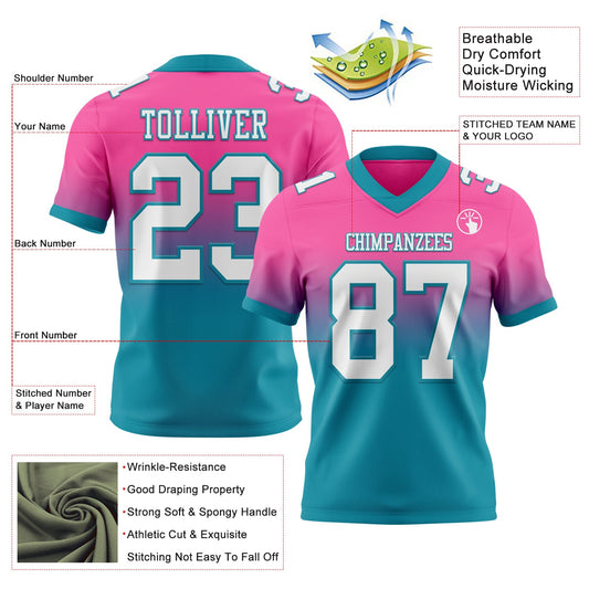 Custom Pink White-Teal Mesh Authentic Fade Fashion Football Jersey