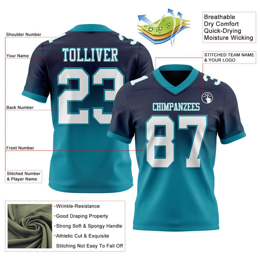 Custom Navy White-Teal Mesh Authentic Fade Fashion Football Jersey