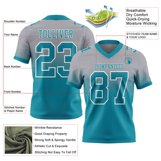 Custom Gray Teal-White Mesh Authentic Fade Fashion Football Jersey