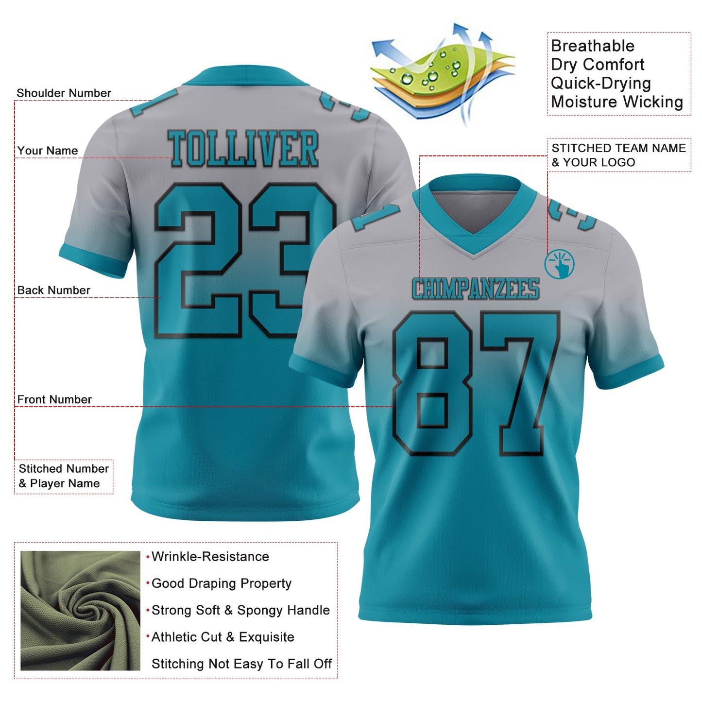 Custom Gray Teal-Black Mesh Authentic Fade Fashion Football Jersey