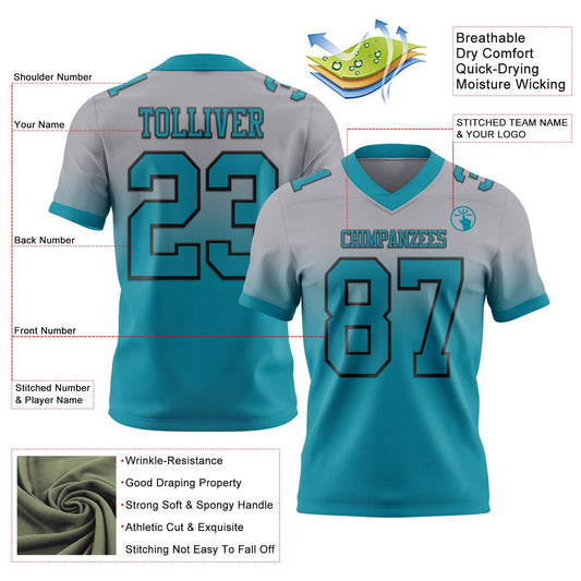 Custom Gray Teal-Black Mesh Authentic Fade Fashion Football Jersey