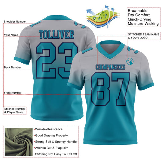 Custom Gray Teal-Navy Mesh Authentic Fade Fashion Football Jersey