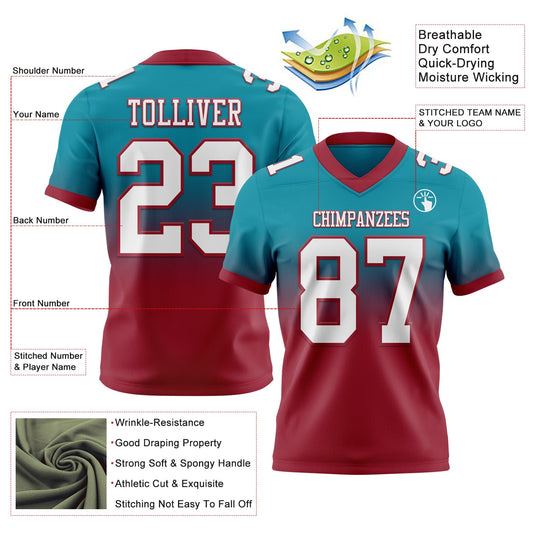 Custom Teal White-Cardinal Mesh Authentic Fade Fashion Football Jersey