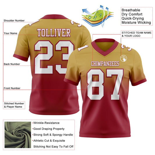 Custom Old Gold White-Cardinal Mesh Authentic Fade Fashion Football Jersey