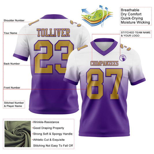Custom White Old Gold-Purple Mesh Authentic Fade Fashion Football Jersey