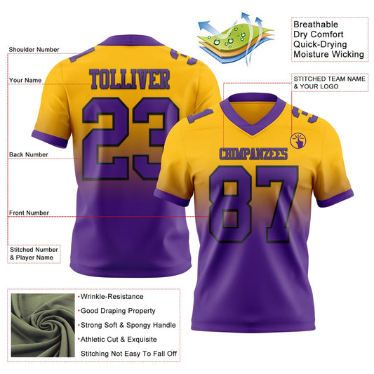 Custom Gold Purple-Black Mesh Authentic Fade Fashion Football Jersey
