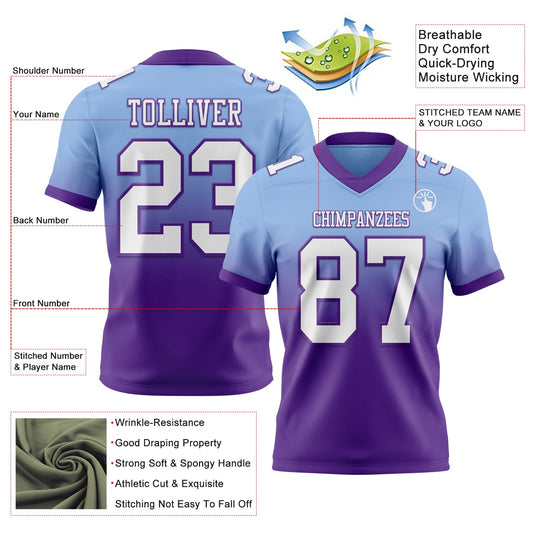 Custom Light Blue White-Purple Mesh Authentic Fade Fashion Football Jersey