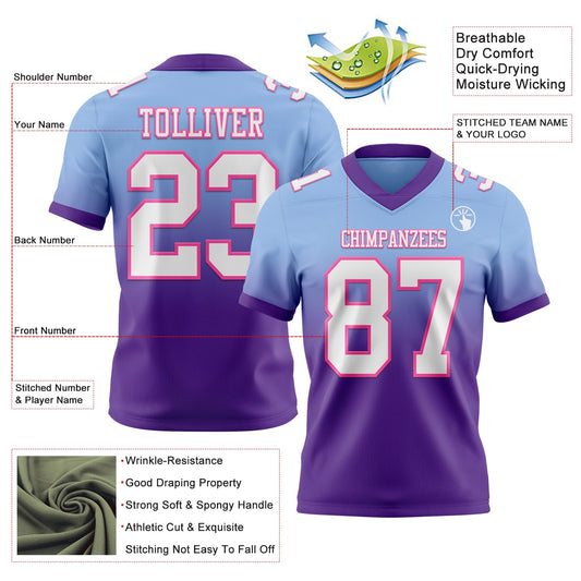 Custom Light Blue White Purple-Pink Mesh Authentic Fade Fashion Football Jersey