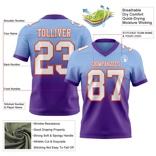 Custom Light Blue White Purple-Orange Mesh Authentic Fade Fashion Football Jersey