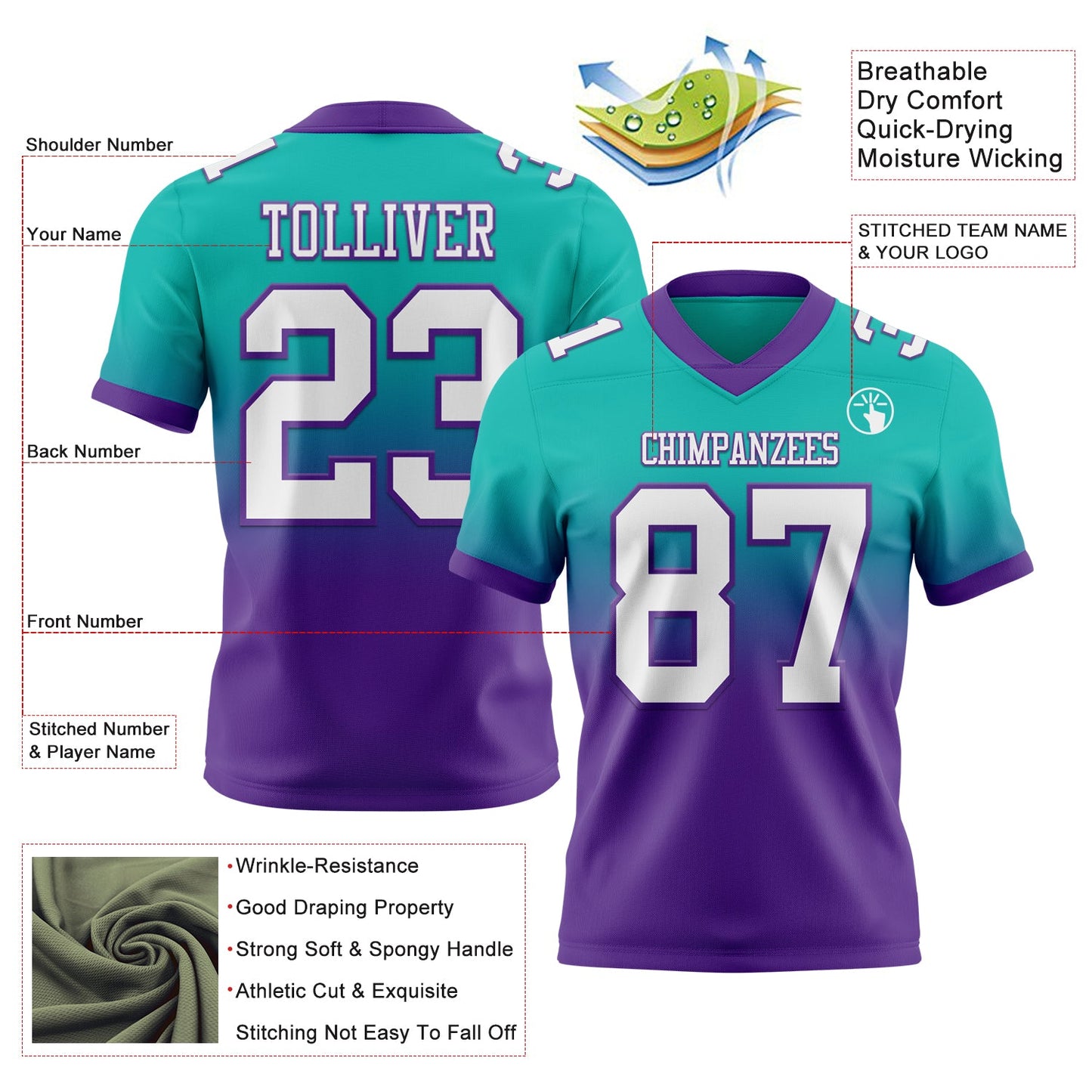 Custom Aqua White-Purple Mesh Authentic Fade Fashion Football Jersey
