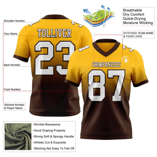 Custom Gold White-Brown Mesh Authentic Fade Fashion Football Jersey