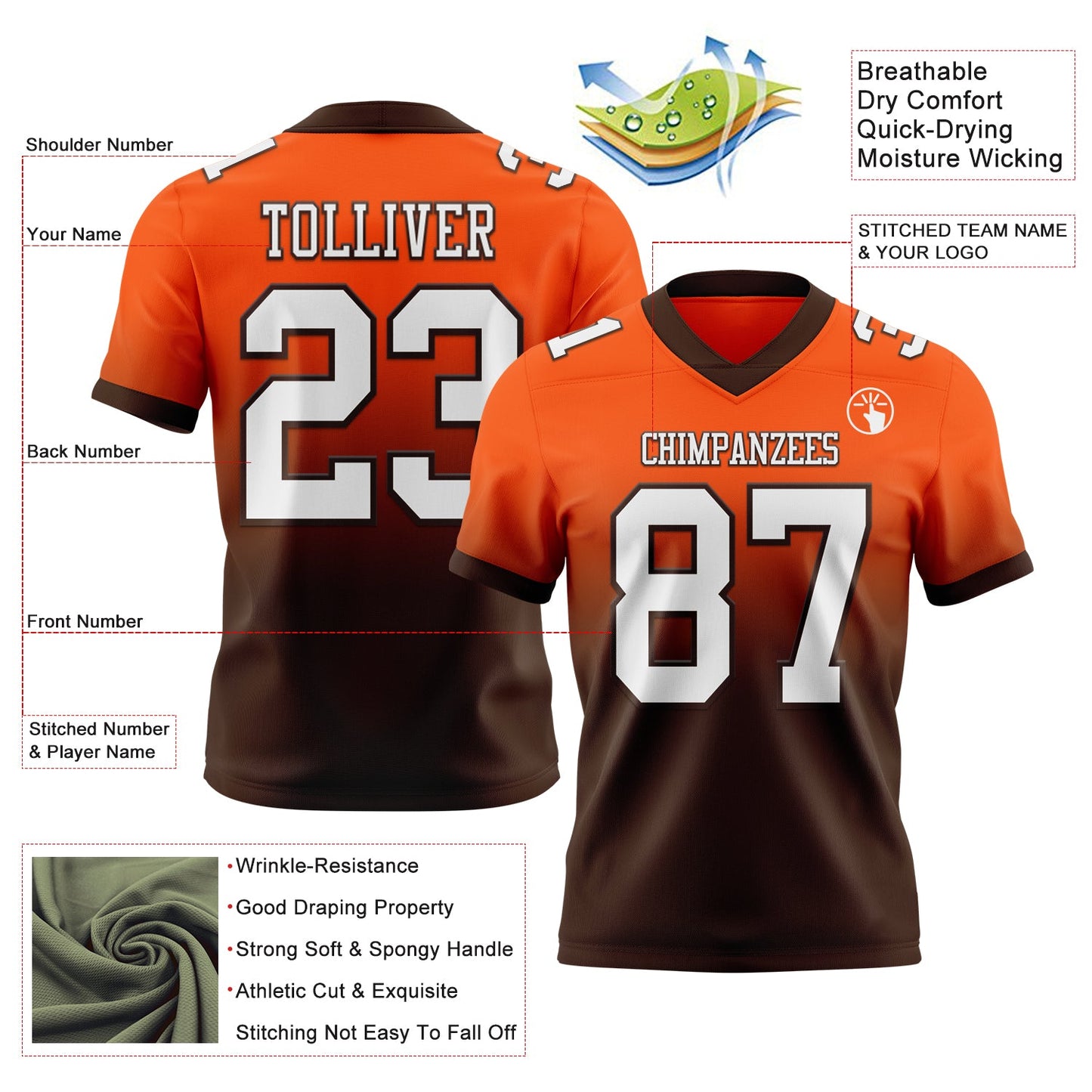 Custom Orange White-Brown Mesh Authentic Fade Fashion Football Jersey