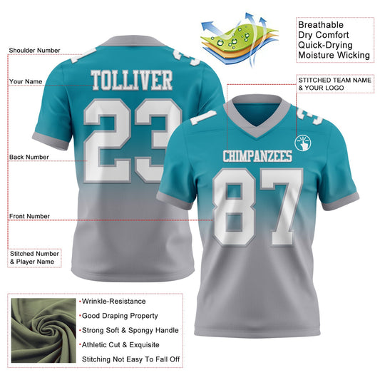 Custom Teal White-Gray Mesh Authentic Fade Fashion Football Jersey
