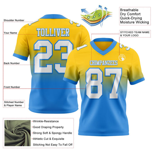 Custom Yellow White-Powder Blue Mesh Authentic Fade Fashion Football Jersey