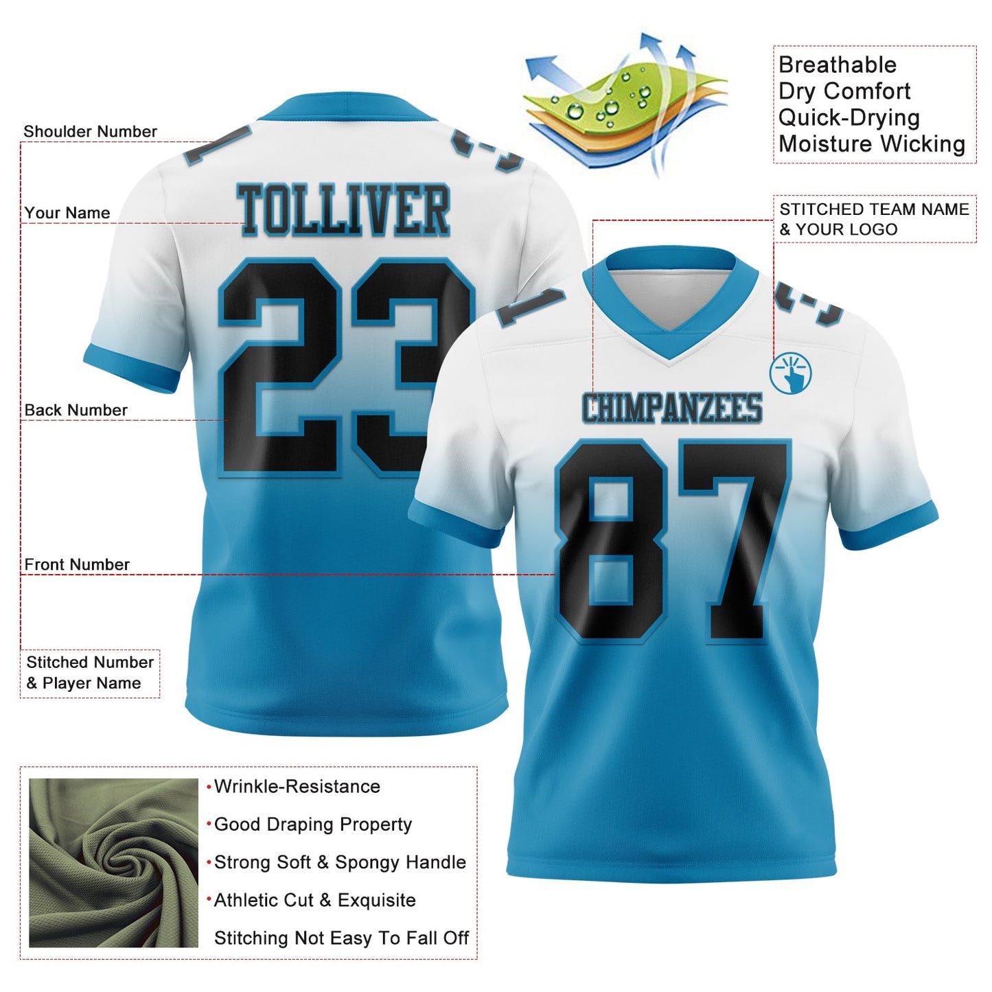 Custom White Black-Panther Blue Mesh Authentic Fade Fashion Football Jersey