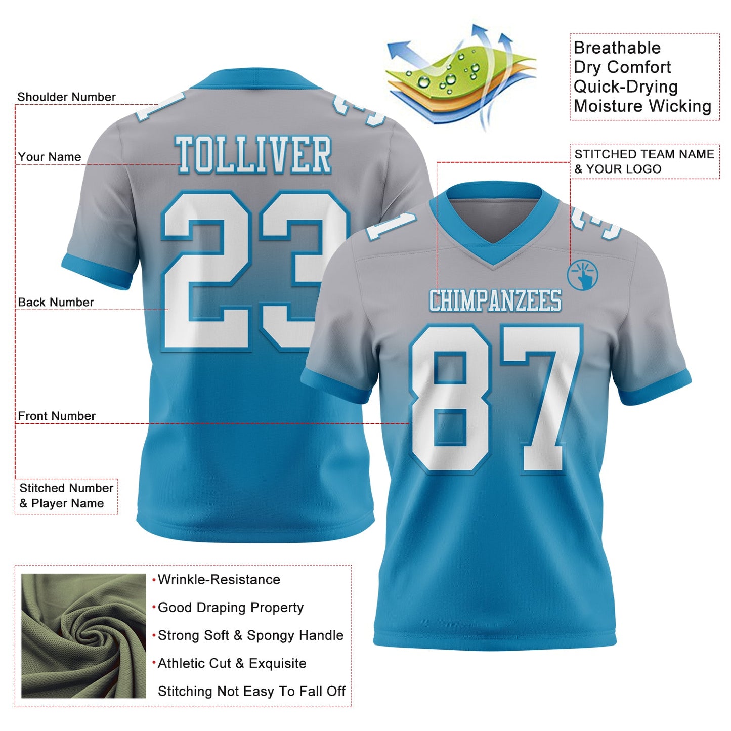Custom Gray White-Panther Blue Mesh Authentic Fade Fashion Football Jersey