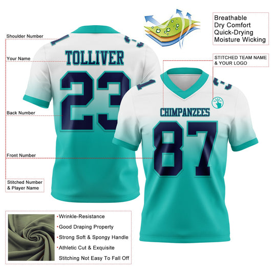 Custom White Navy-Aqua Mesh Authentic Fade Fashion Football Jersey