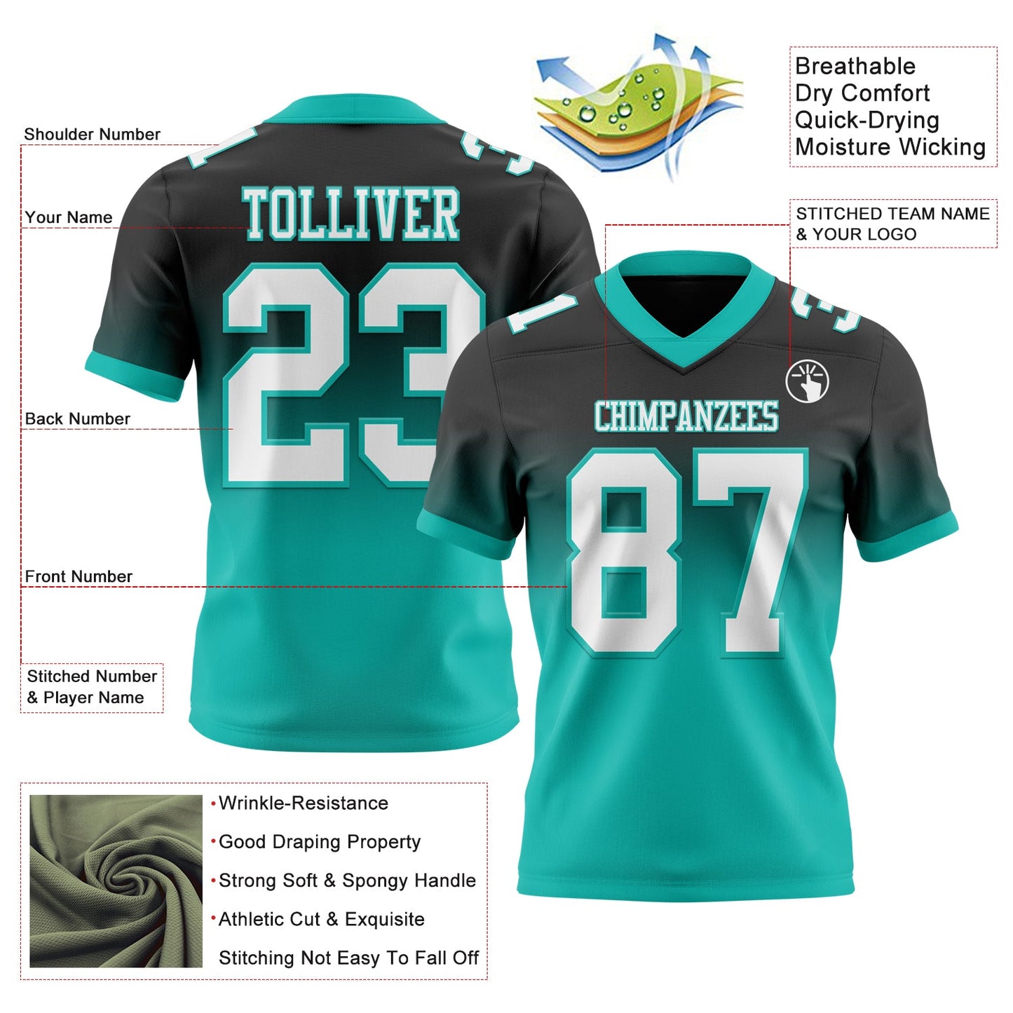 Custom Black White-Aqua Mesh Authentic Fade Fashion Football Jersey