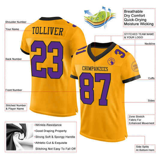 Custom Gold Purple-Black Mesh Authentic Football Jersey