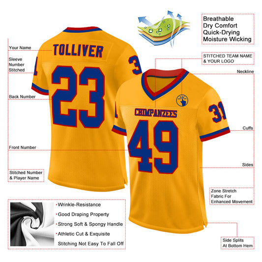 Custom Gold Royal-Red Mesh Authentic Throwback Football Jersey
