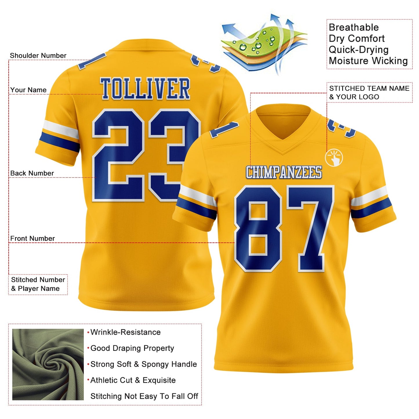 Custom Gold Royal-White Mesh Authentic Football Jersey