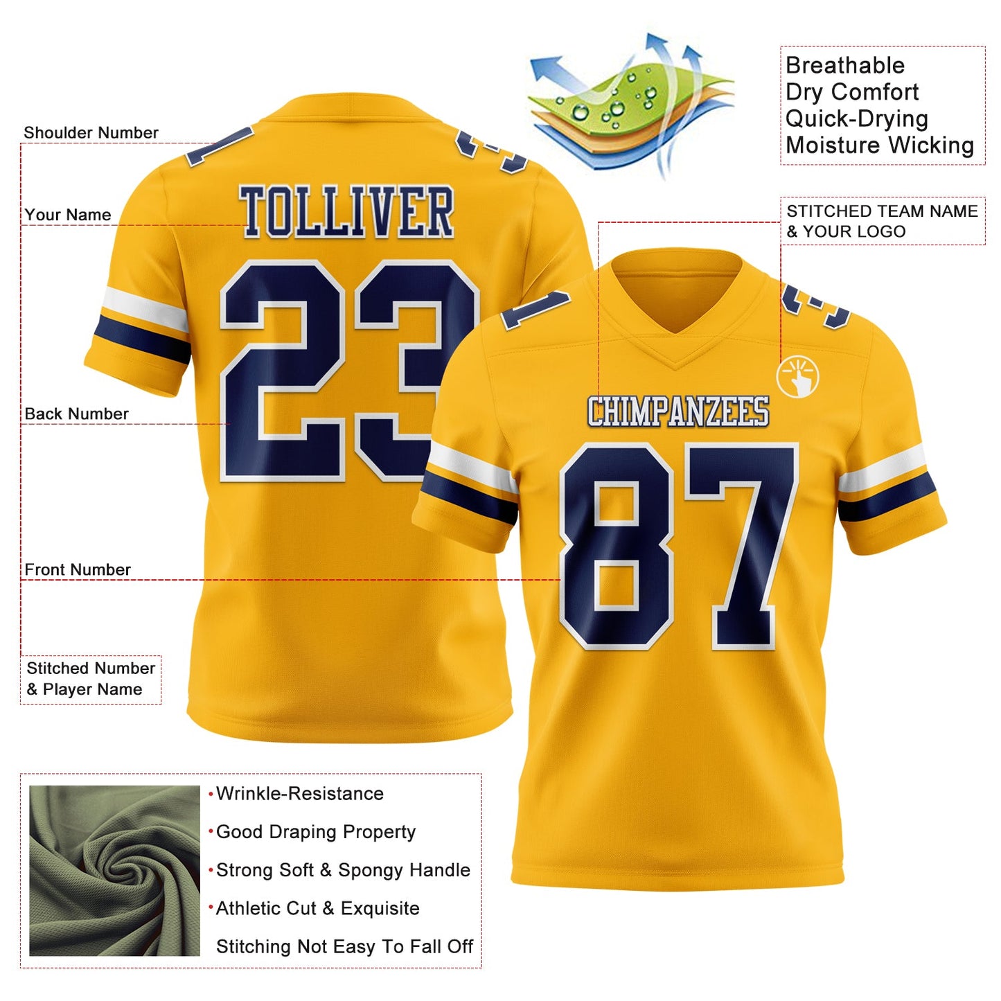 Custom Gold Nvay-White Mesh Authentic Football Jersey