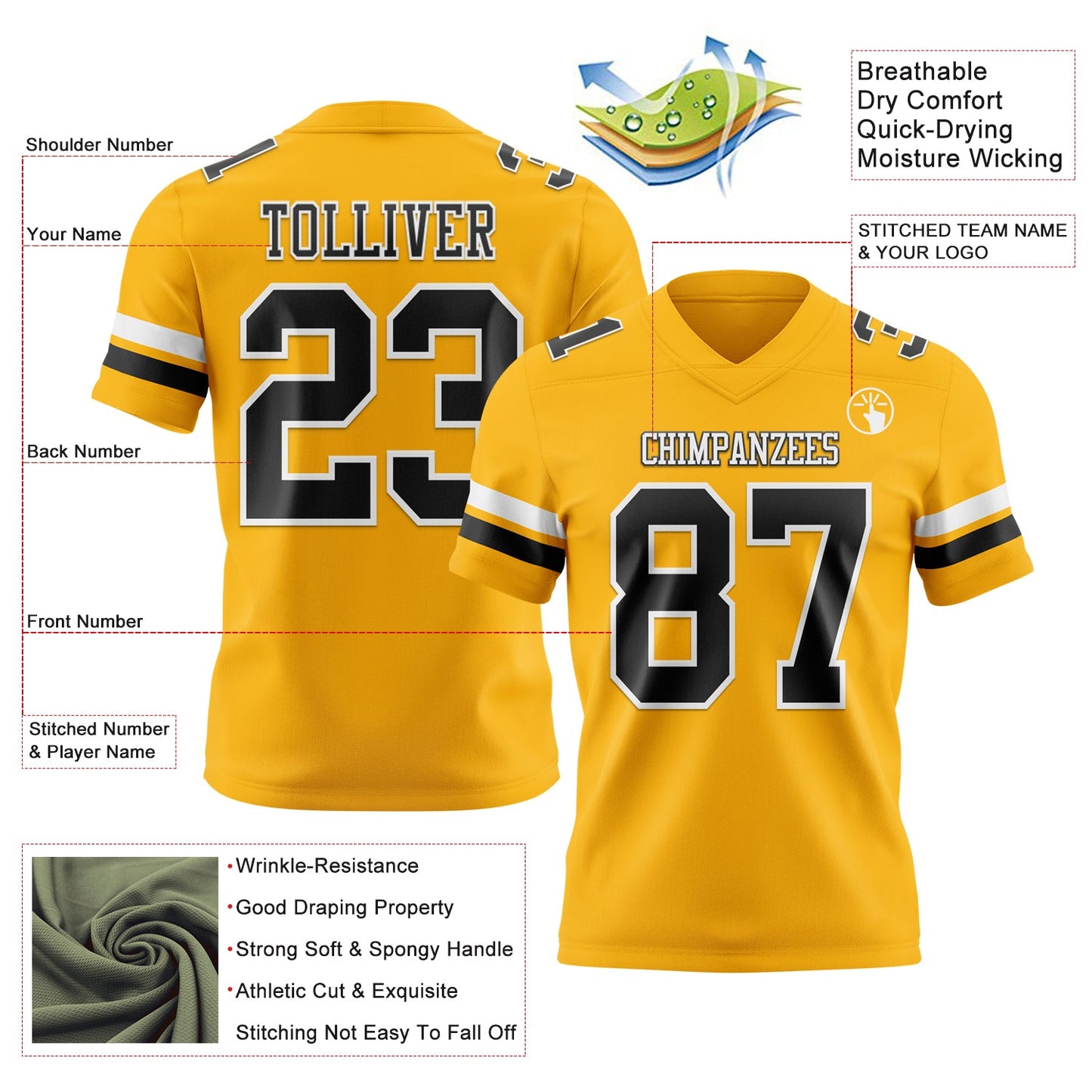 Custom Gold Black-White Mesh Authentic Football Jersey