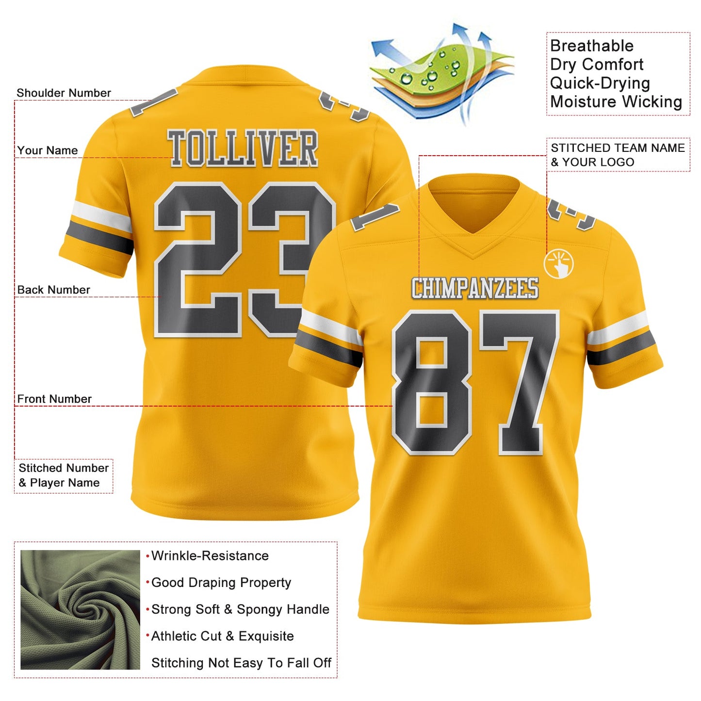 Custom Gold Steel Gray-White Mesh Authentic Football Jersey
