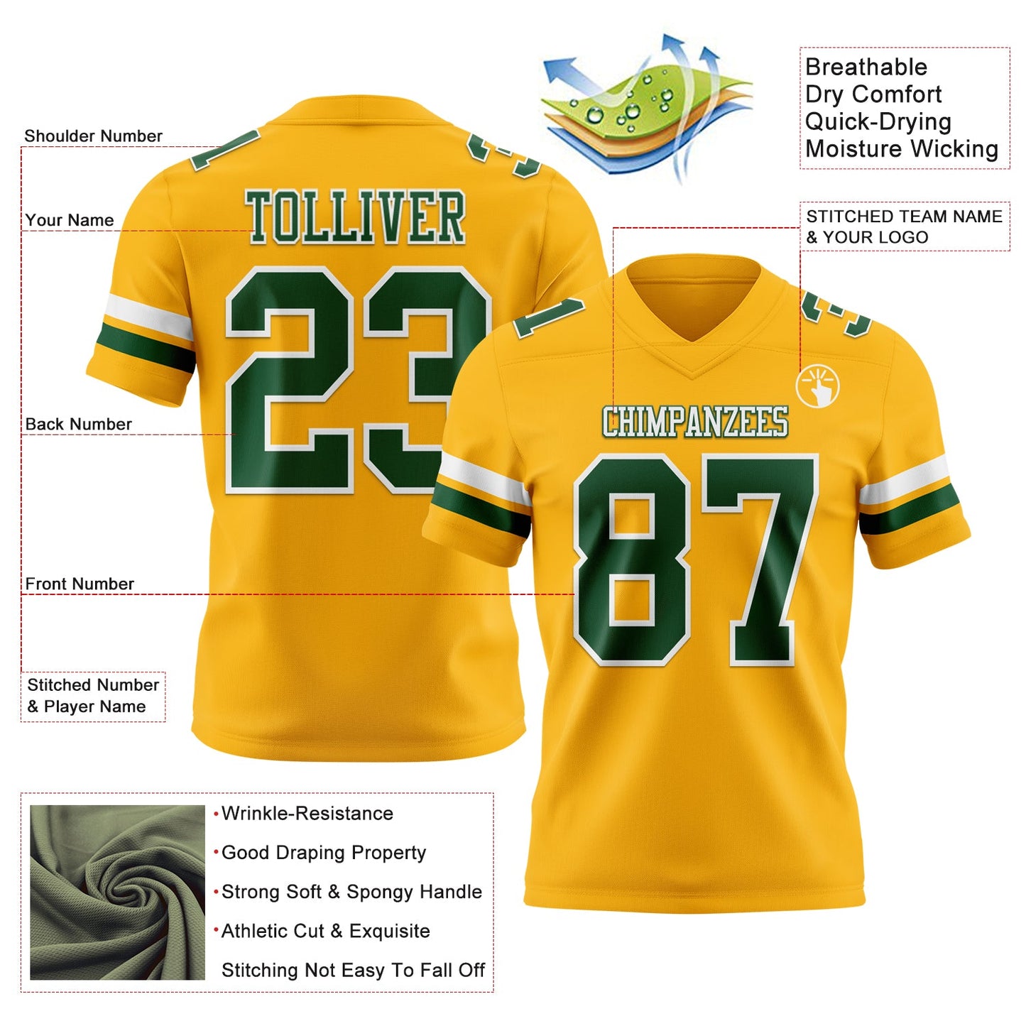 Custom Gold Green-White Mesh Authentic Football Jersey