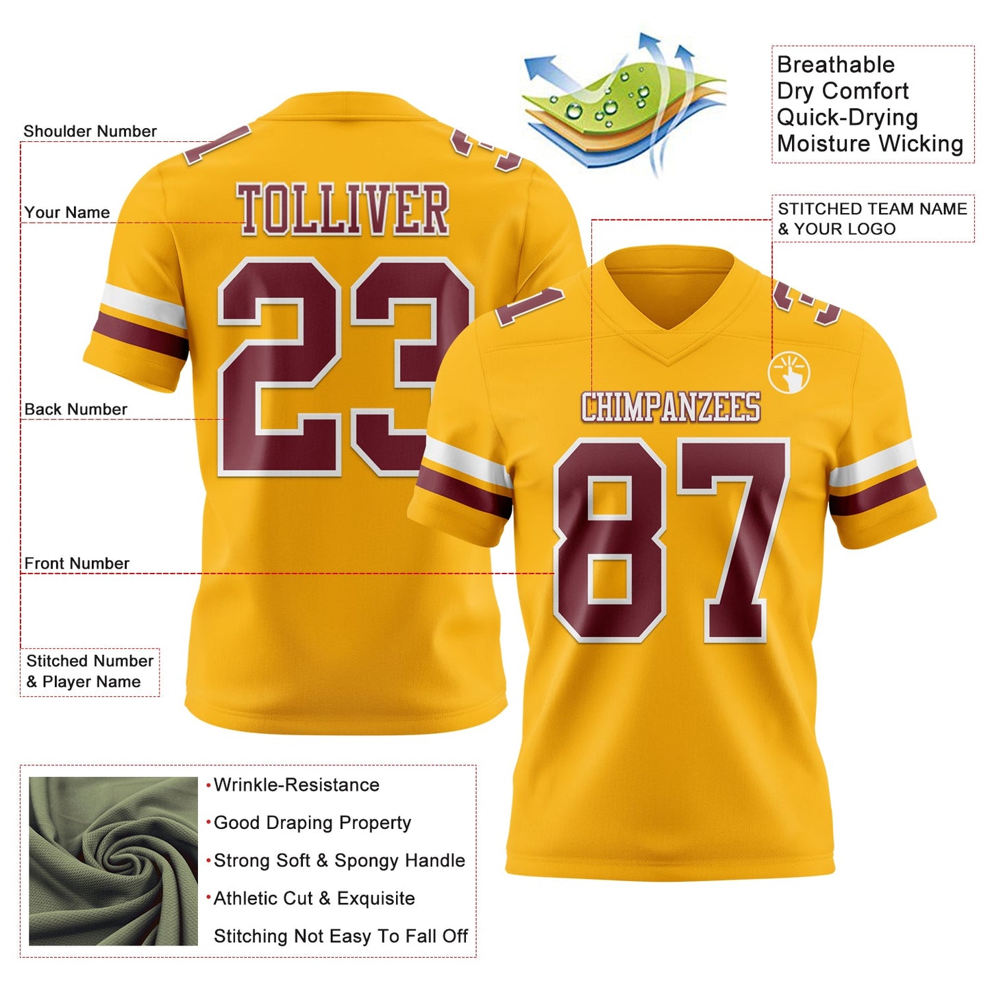 Custom Gold Burgundy-White Mesh Authentic Football Jersey