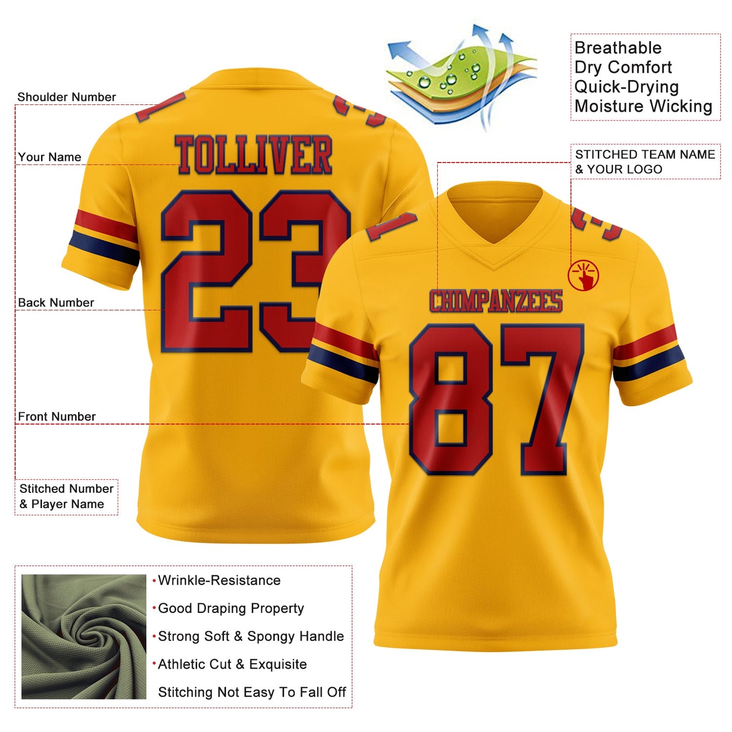 Custom Gold Red-Navy Mesh Authentic Football Jersey