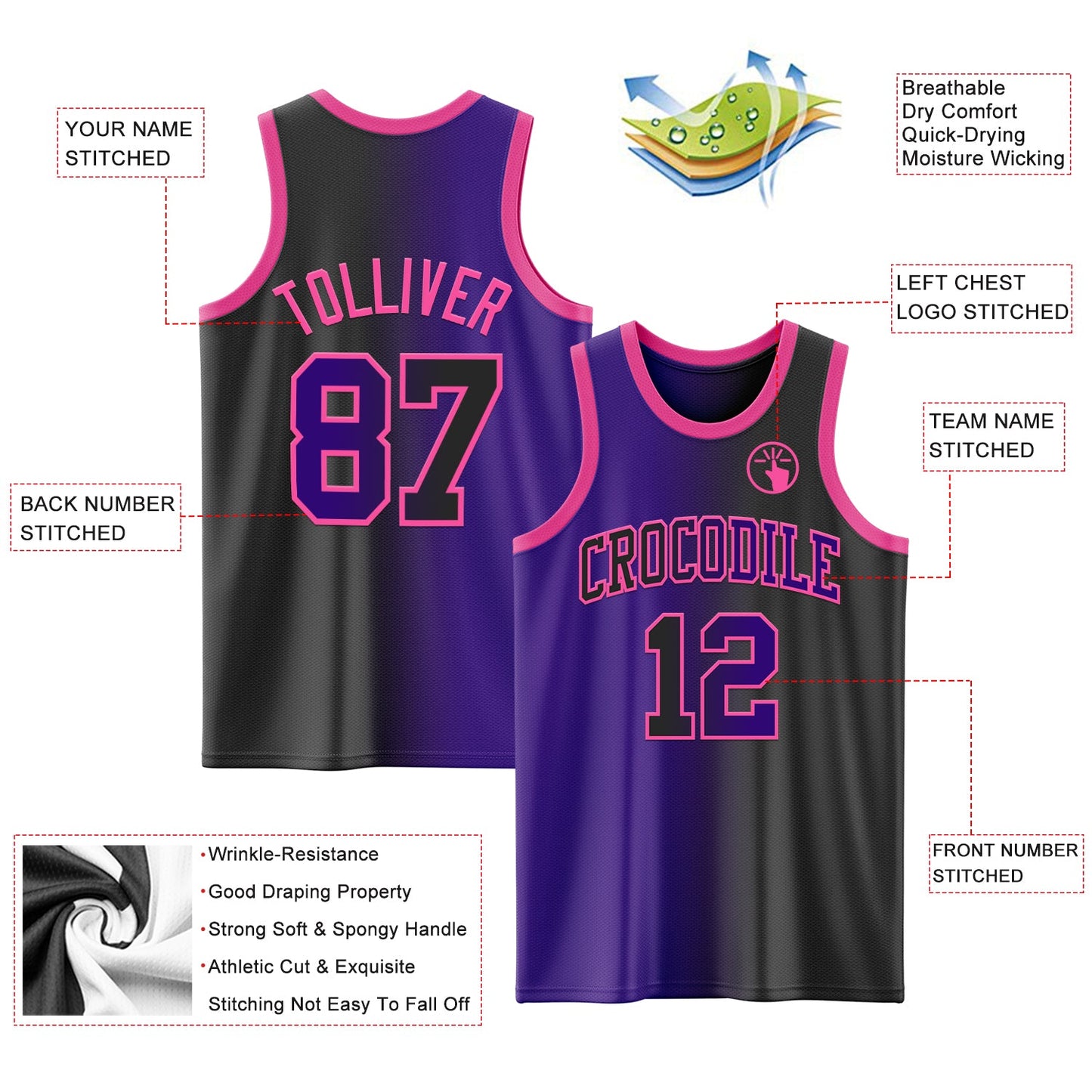Custom Black Purple-Pink Authentic Gradient Fashion Basketball Jersey
