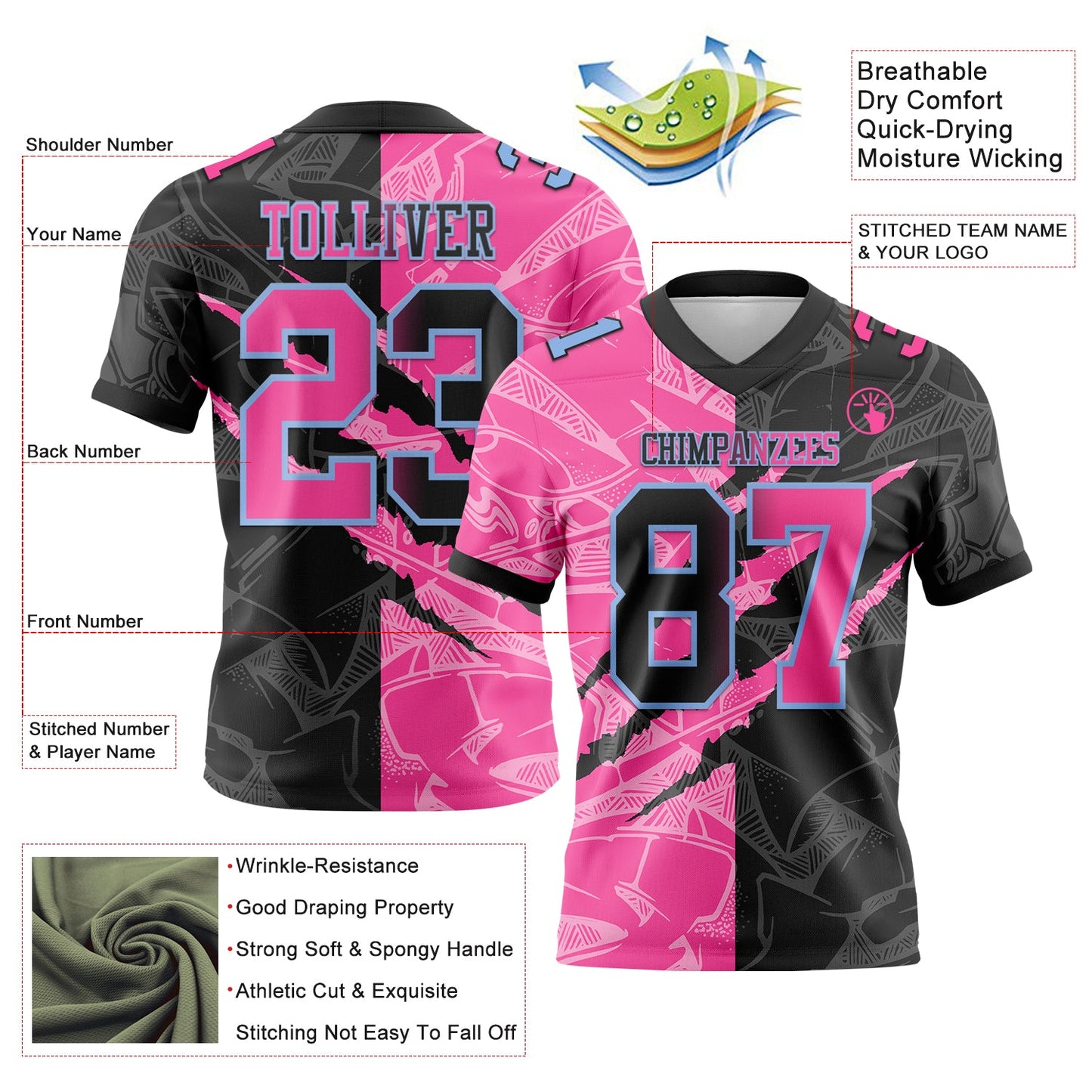 Custom Black Pink-Light Blue Mesh Authentic Gradient Fashion Scratch Football Jersey