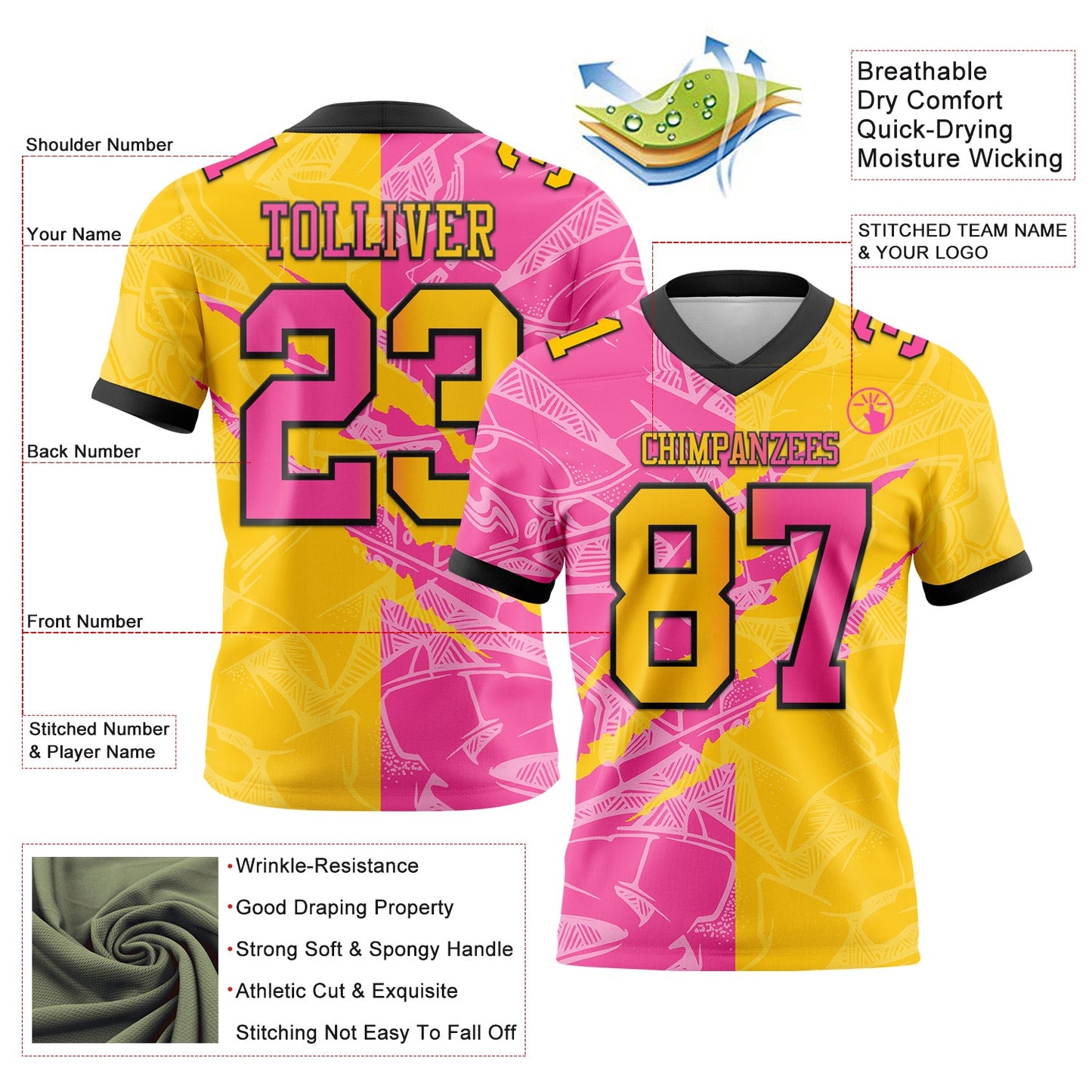 Custom Yellow Pink-Black Mesh Authentic Gradient Fashion Scratch Football Jersey