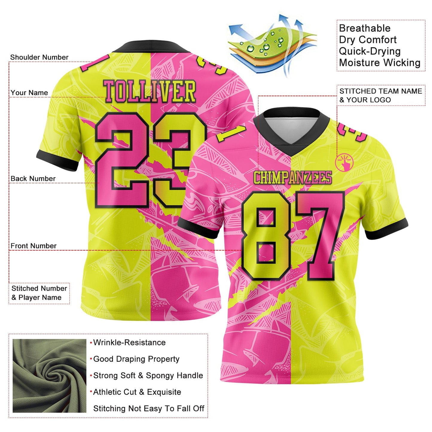 Custom Neon Yellow Pink-Black Mesh Authentic Gradient Fashion Scratch Football Jersey