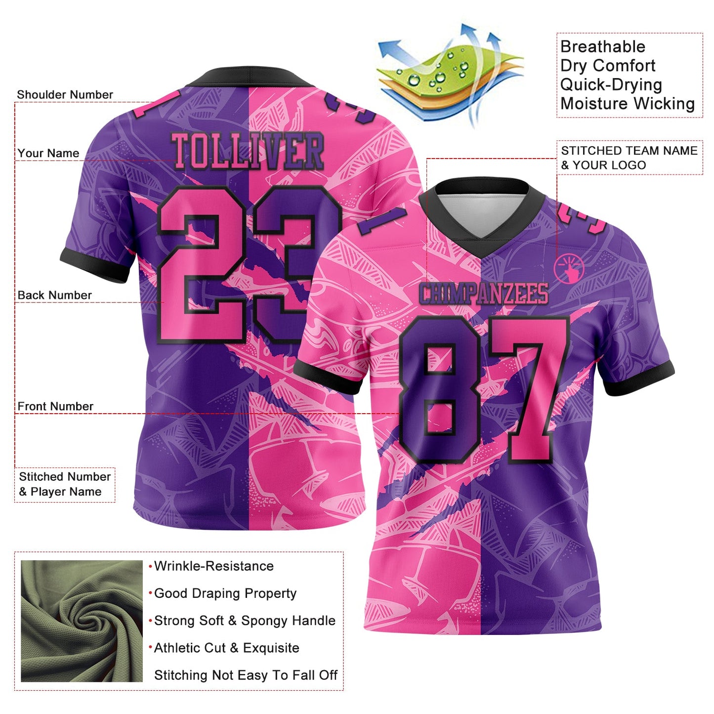 Custom Purple Pink-Black Mesh Authentic Gradient Fashion Scratch Football Jersey