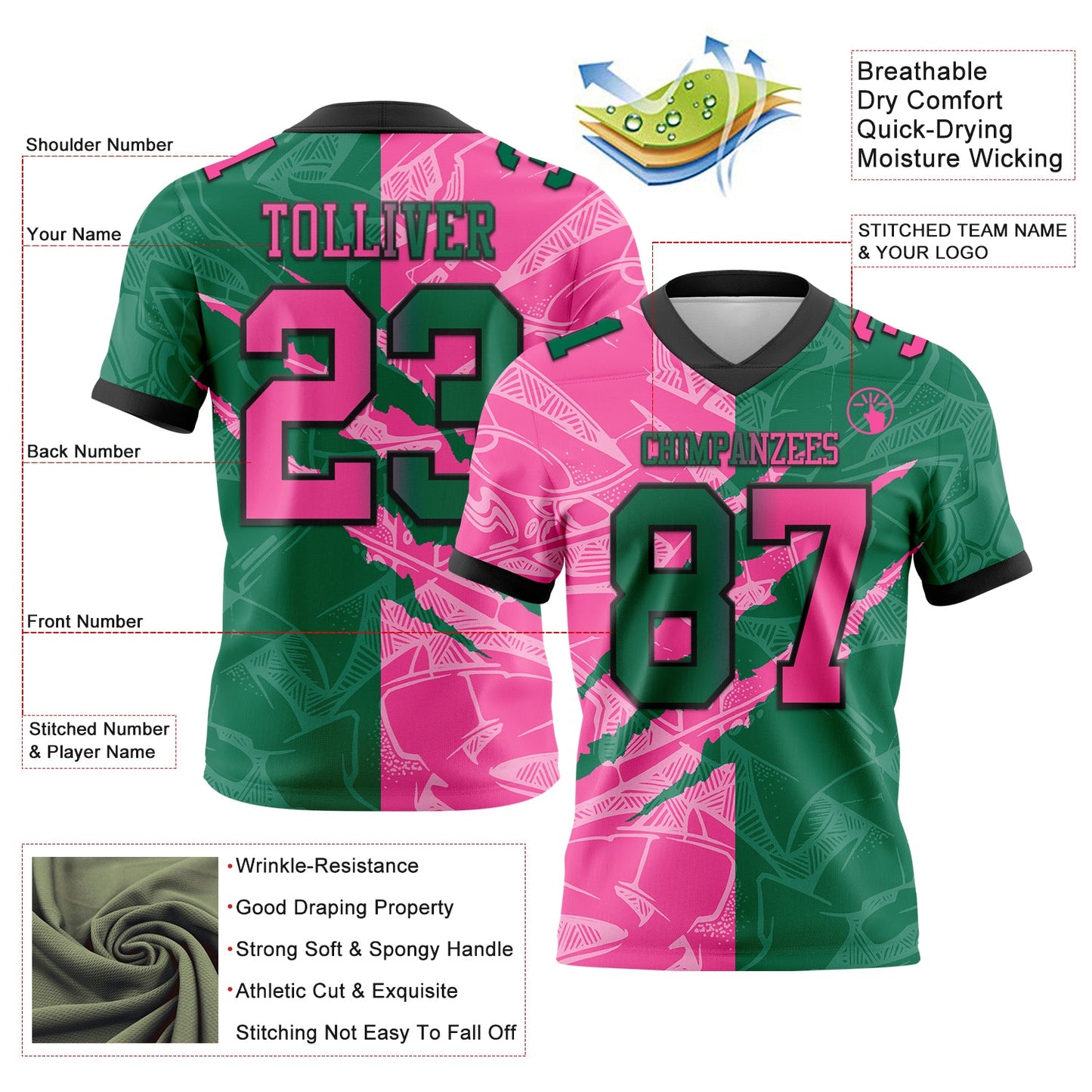 Custom Kelly Green Pink-Black Mesh Authentic Gradient Fashion Scratch Football Jersey